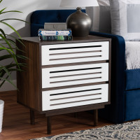 Baxton Studio LV14COD14230WI-Columbia/White-3DW-Nightstand Meike Mid-Century Modern Two-Tone Walnut Brown and White Finished Wood 3-Drawer Nightstand